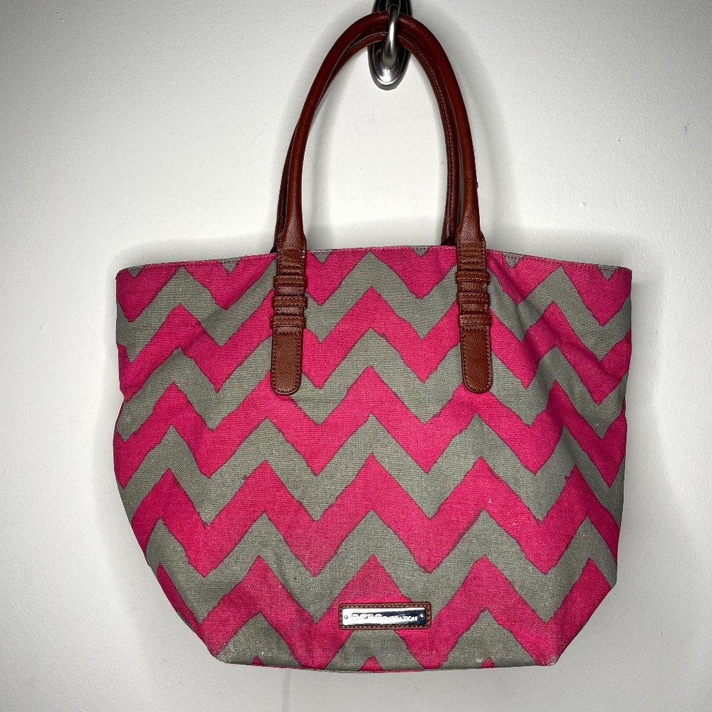BCBGeneration Pink Grey Chevron Print Tote Bag